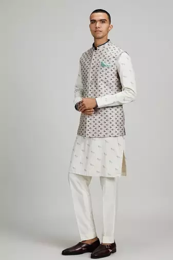 Light brown woven cotton nehru jacket