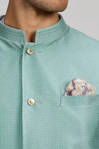 Sage green woven cotton nehru jacket