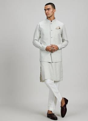 Off white woven cotton nehru jacket 1