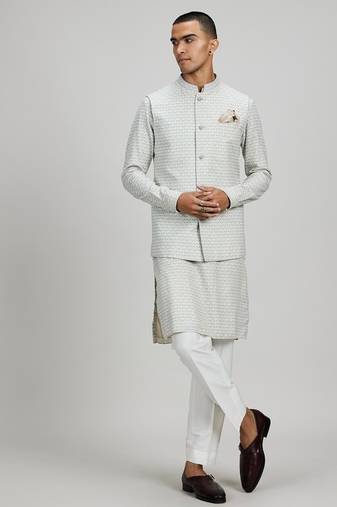 Off white woven cotton nehru jacket