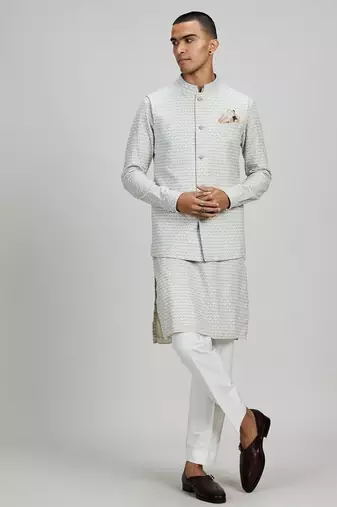 Off white woven cotton nehru jacket