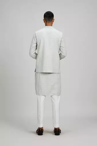 Off white woven cotton nehru jacket
