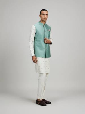 Sage green woven cotton nehru jacket 4