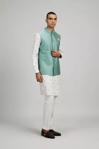 Sage green woven cotton nehru jacket