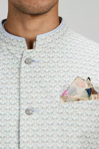 Off white woven cotton nehru jacket