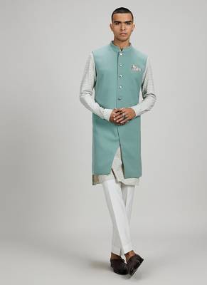 Sage green plain woven sherwani jacket 1