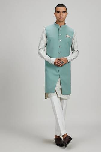 Sage green plain woven sherwani jacket