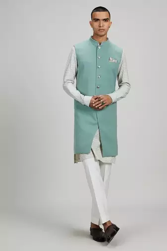 Sage green plain woven sherwani jacket