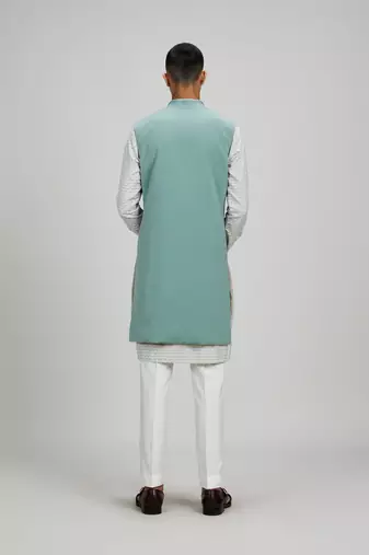 Sage green plain woven sherwani jacket