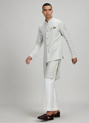 Off white woven cotton nehru jacket 4