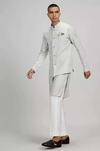 Off white woven cotton nehru jacket