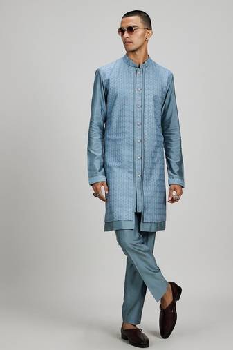 Blue woven cotton silk kurta set