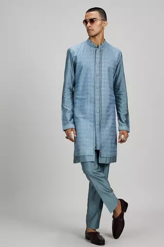 Blue woven cotton silk kurta set