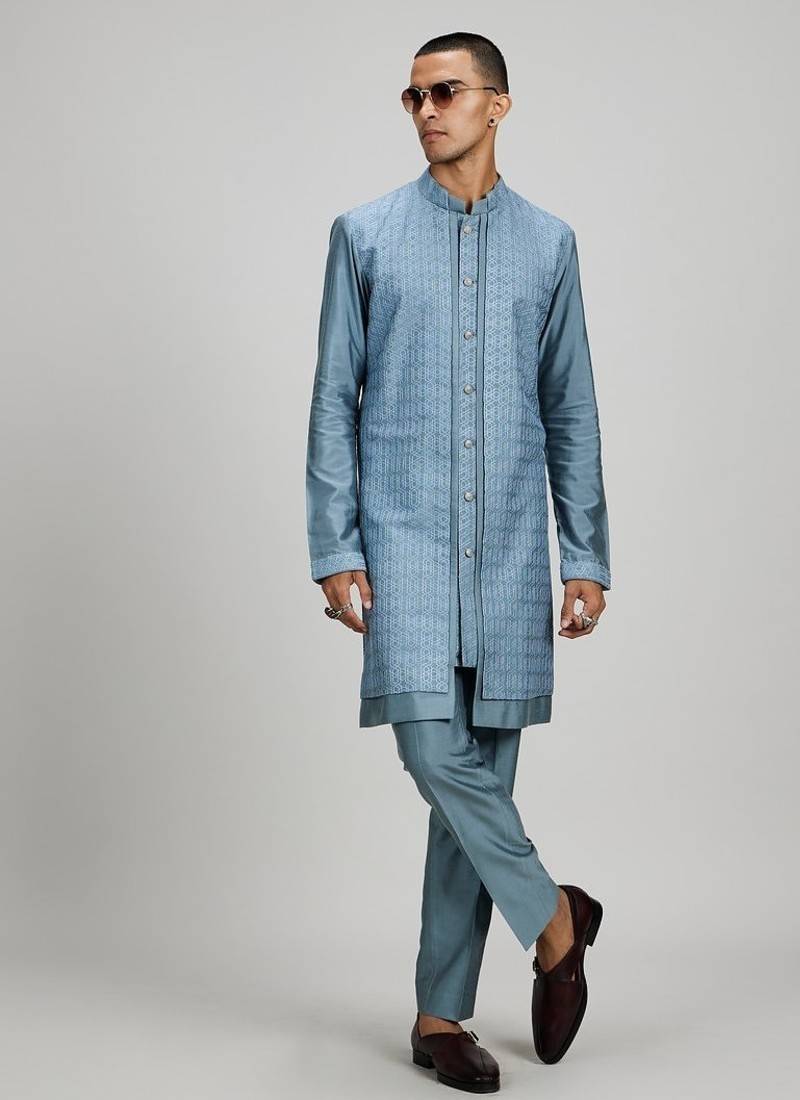 Blue woven cotton silk kurta set