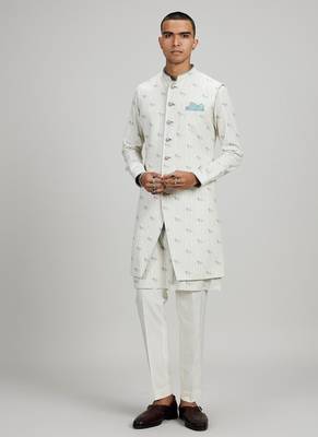 Cream woven cotton sherwani jacket 1