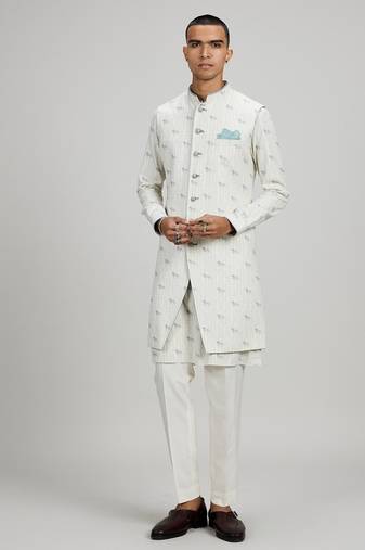 Cream woven cotton sherwani jacket