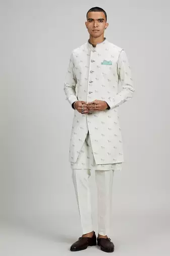 Cream woven cotton sherwani jacket