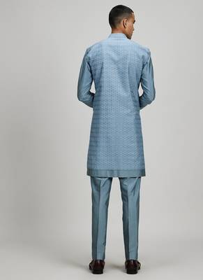 Blue woven cotton silk kurta set 2