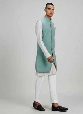 Sage green plain woven sherwani jacket 4