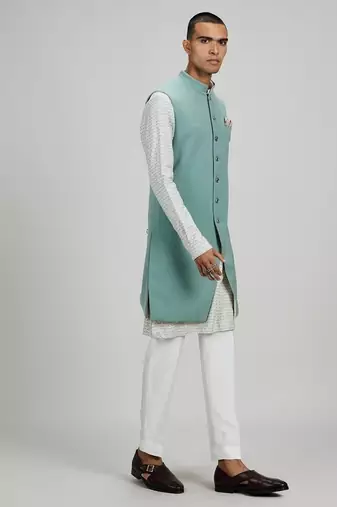 Sage green plain woven sherwani jacket