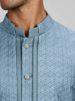 Blue woven cotton silk kurta set 3