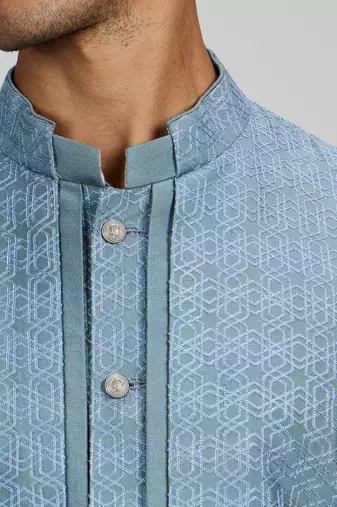 Blue woven cotton silk kurta set