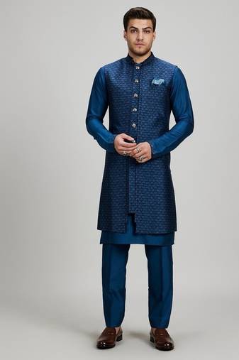 Teal blue woven silk sherwani jacket