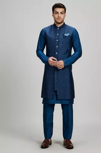 Teal blue woven silk sherwani jacket