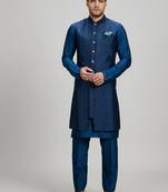 Teal blue woven silk sherwani jacket
