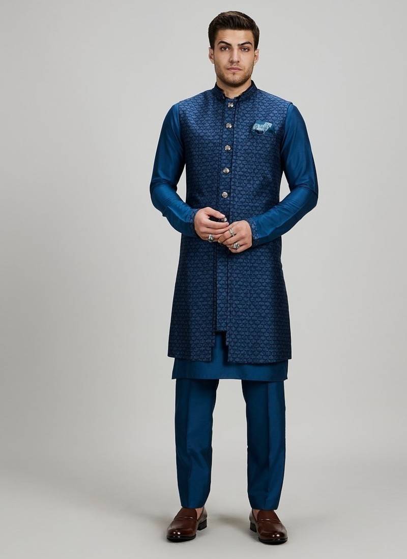 Teal blue woven silk sherwani jacket