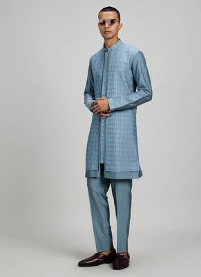 Blue woven cotton silk kurta set 4