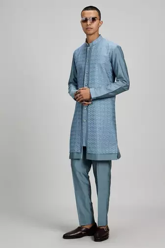Blue woven cotton silk kurta set