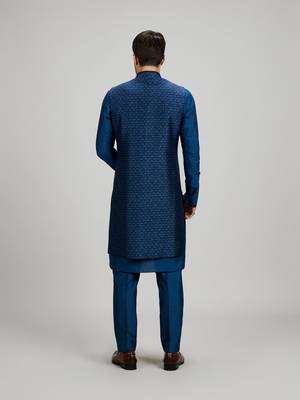 Teal blue woven silk sherwani jacket 2
