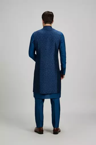 Teal blue woven silk sherwani jacket