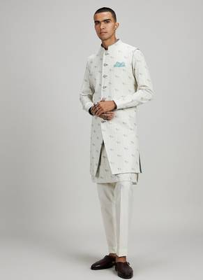 Cream woven cotton sherwani jacket 4