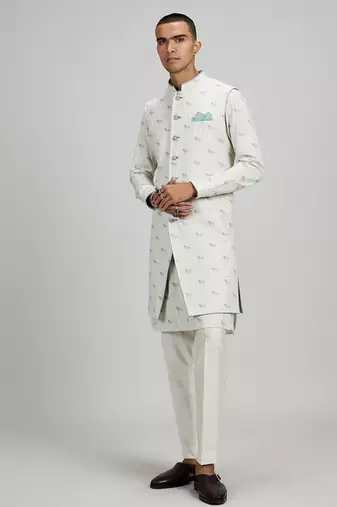 Cream woven cotton sherwani jacket