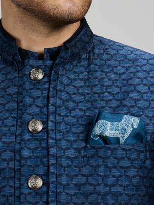 Teal blue woven silk sherwani jacket 3