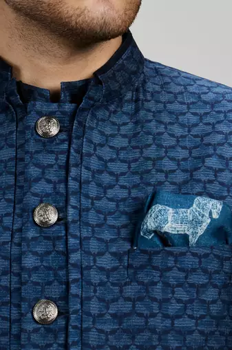 Teal blue woven silk sherwani jacket