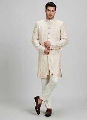 Off white woven silk sherwani jacket 1