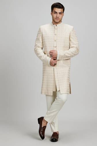 Off white woven silk sherwani jacket