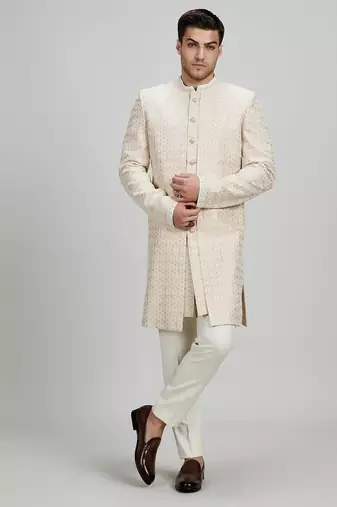 Off white woven silk sherwani jacket