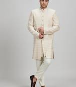 Off white woven silk sherwani jacket