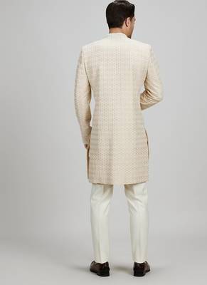 Off white woven silk sherwani jacket 2