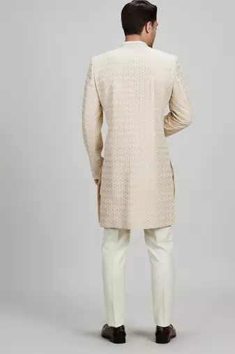 Off white woven silk sherwani jacket
