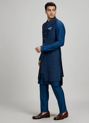 Teal blue woven silk sherwani jacket 4