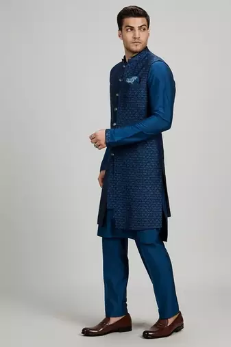 Teal blue woven silk sherwani jacket