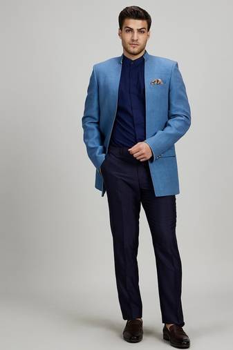 Blue matka silk woven bandhgala jacket
