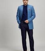 Blue matka silk woven bandhgala jacket