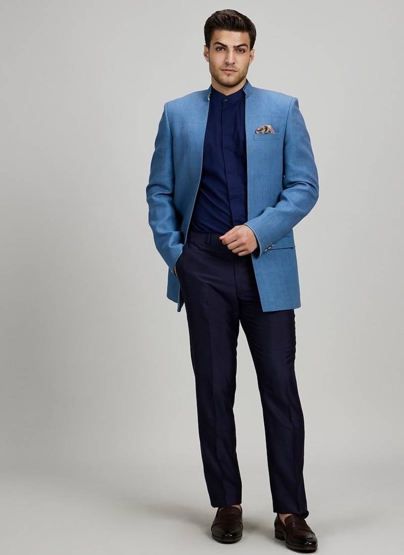 Blue matka silk woven bandhgala jacket