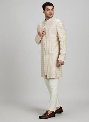 Off white woven silk sherwani jacket 4